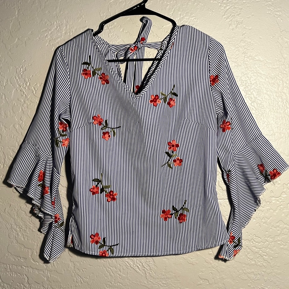 Flores Striped Floral Embroidered Blouse
